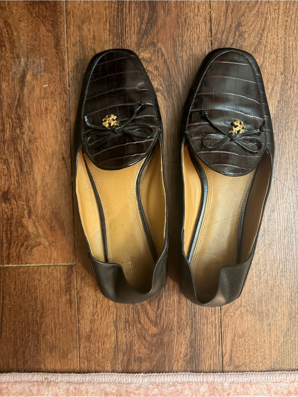 Tory Burch Dark Brown Croc-Embossed Leather Loafers with Gold Logo